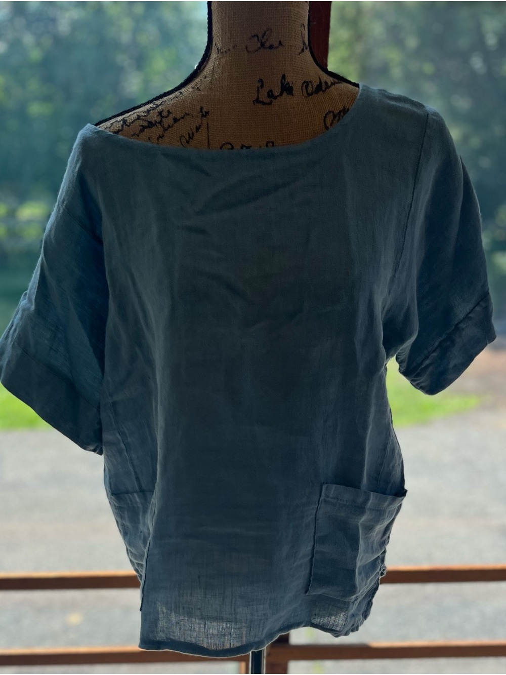 Women's Slate 100% Blue Linen Boatneck Top with Pockets